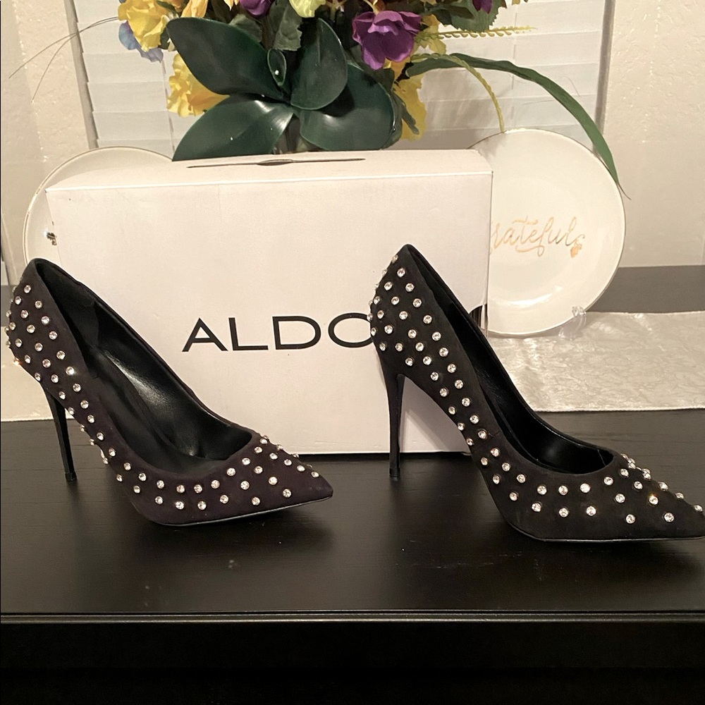 Aldo Black Suade Diamond/Crystal Studded Heel